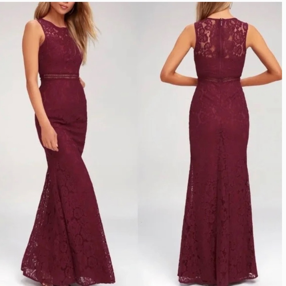 Lulu’s burgundy Music of the Heart Lace Maxi dress
